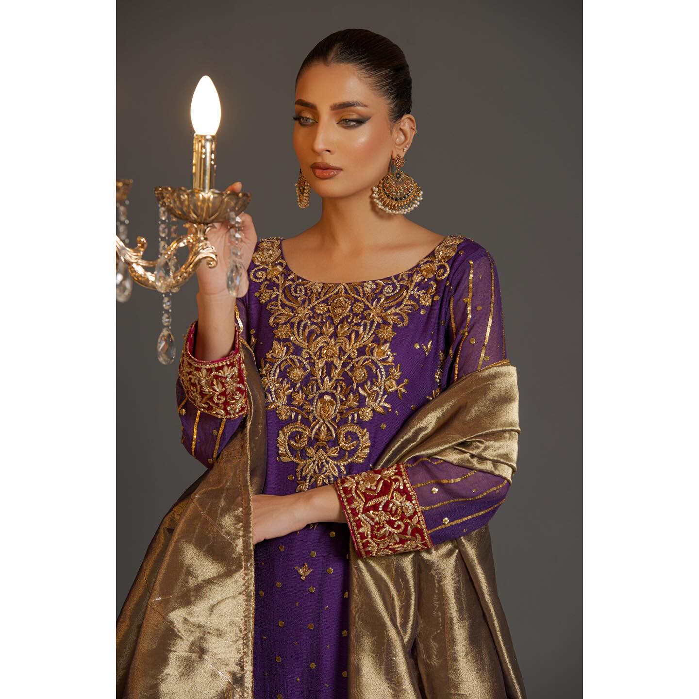 purple embellished outfit