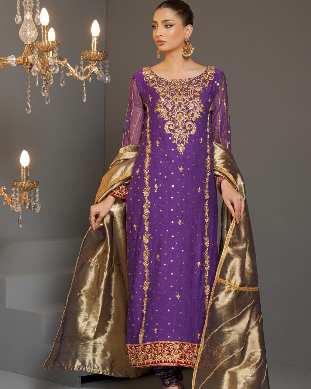 purple embellished outfit